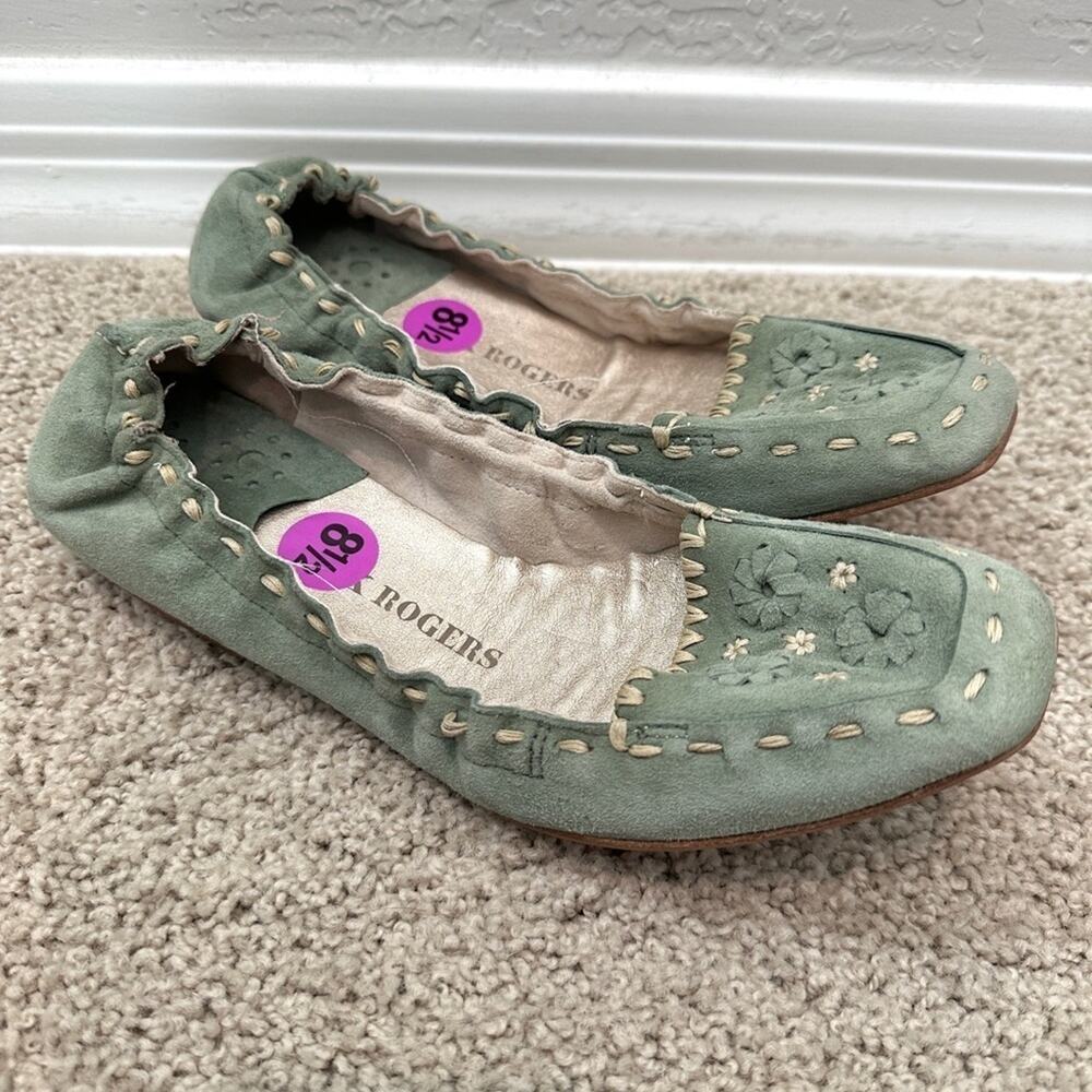 JACK ROGERS Green Suede Leather Floral Embroidered Ballet Flats Boho New 8.5